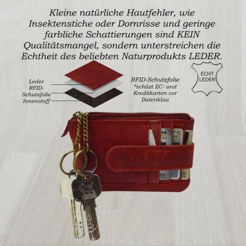 Schlüsselmäppchen Schlüsseltasche Etui mit Reißverschluss Geldbörse Portemonnaie mit Schlüsselring und Karabiner (Rot)